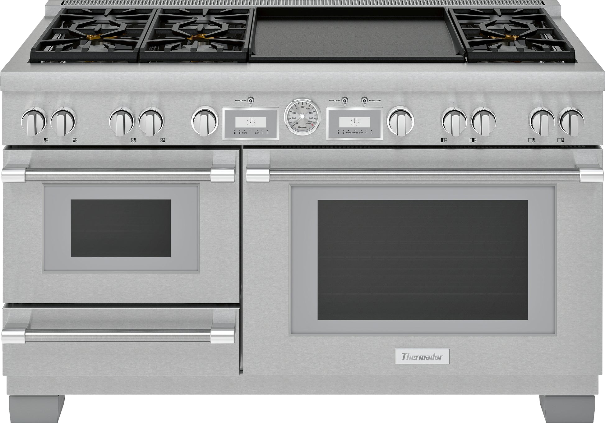 Stainless steel dual fuel range with six burners, double oven, and 24-inch double griddle from Thermador Appliances collection