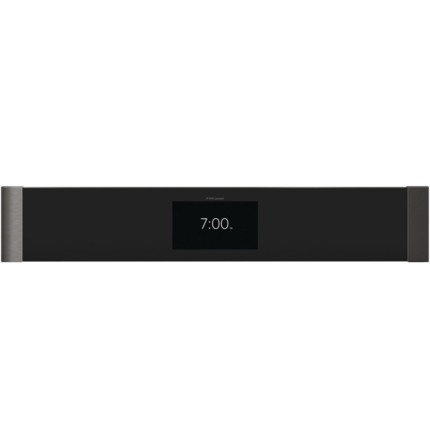 Black control panel display with digital clock and brushed metal handles for built-in double wall oven in appliances collection