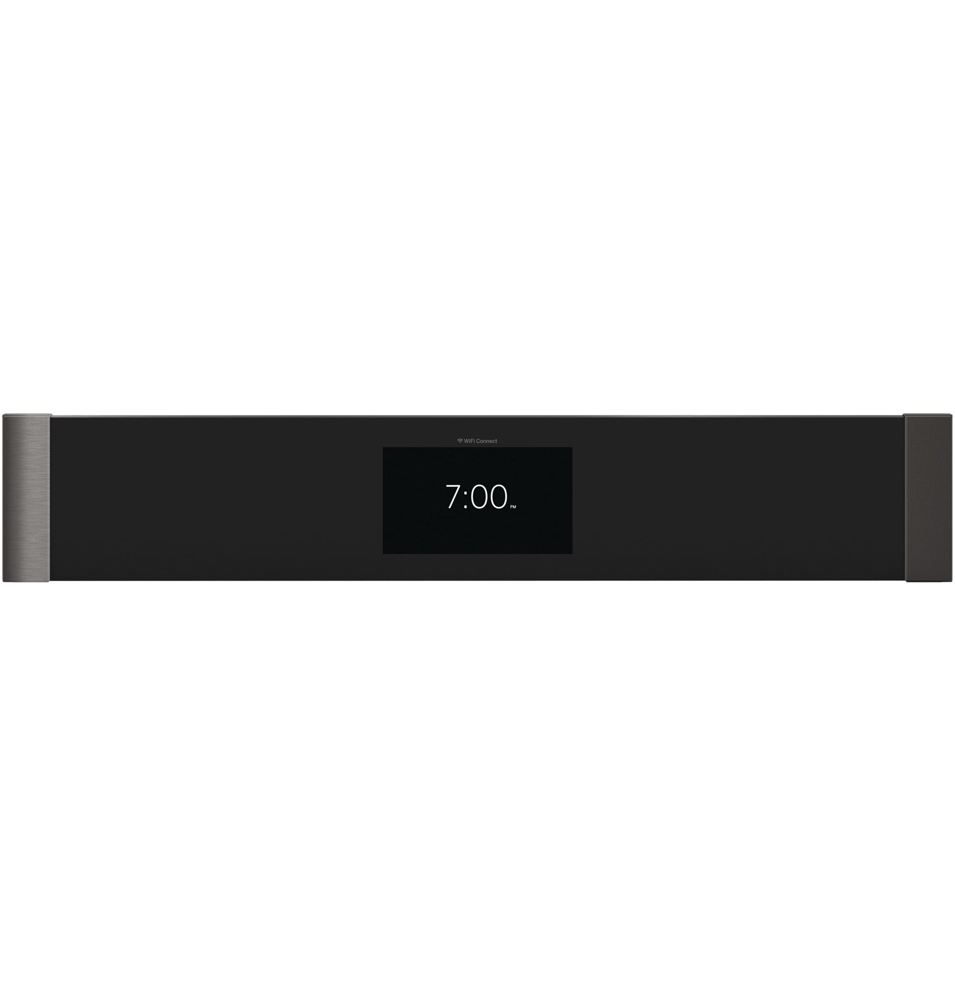 Black control panel display with digital clock and brushed metal handles for built-in double wall oven in appliances collection