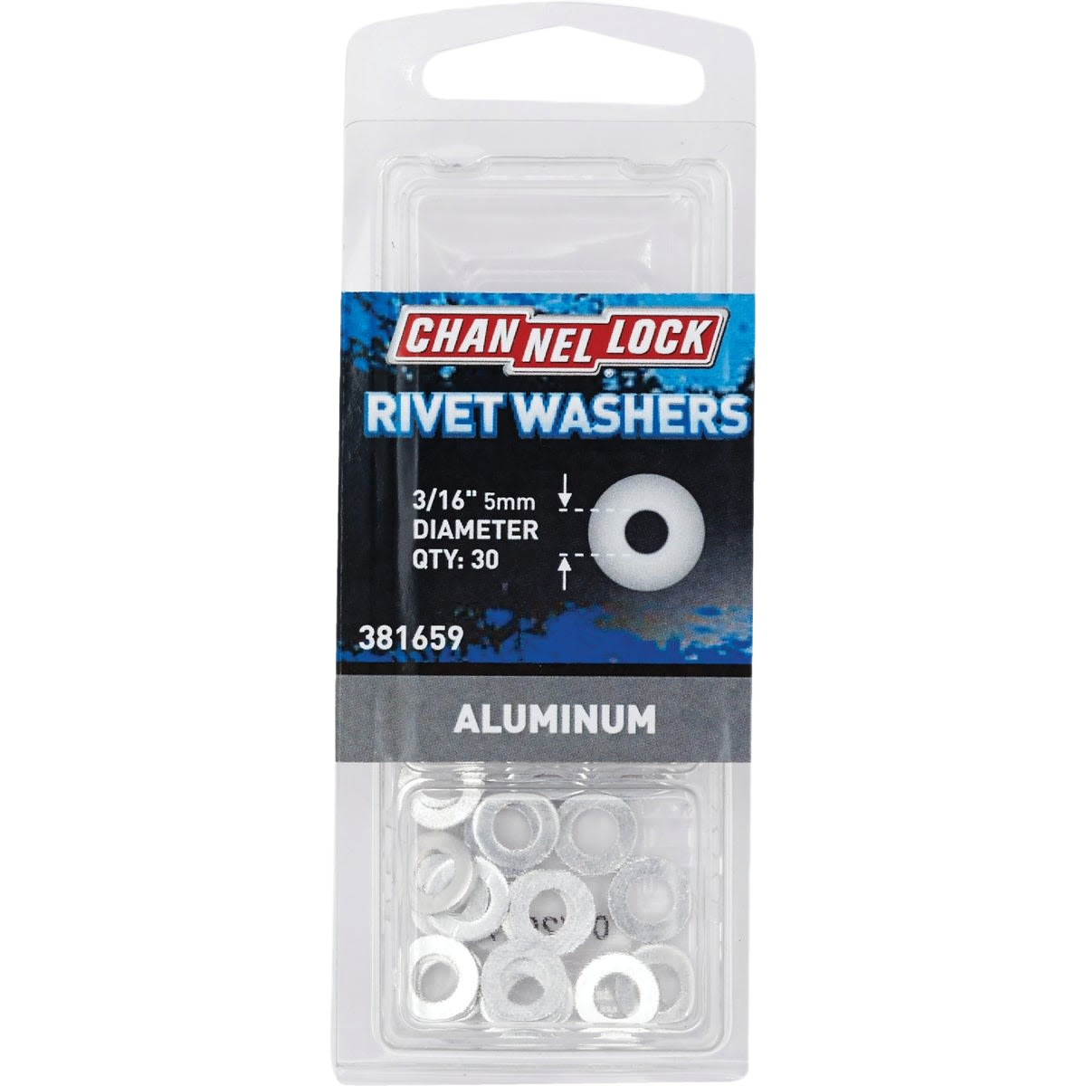 Clear plastic container with 30 aluminum rivet washers sized 3/16 inch for tools and home improvement use