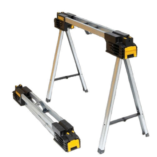 Collapsible metal folding sawhorse with yellow and black plastic components for stable support in home improvement tasks