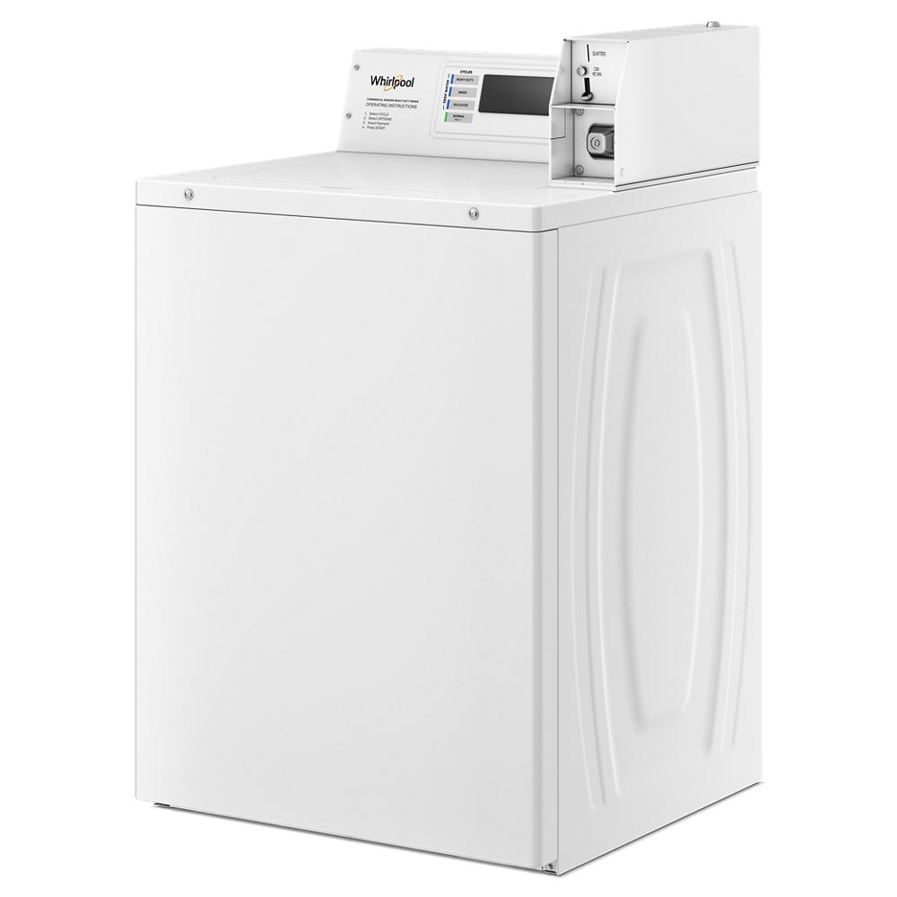 White commercial top-load washer with coin drop and box, designed for washers and dryers appliance collections