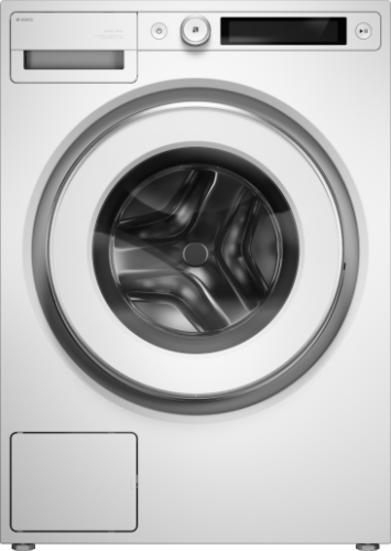 Front view of a white 24" Steel Seal front load washing machine with circular door and digital display, featured in Front Load Washers, Washers, Appliances, and Washers & Dryers at Hartville Hardware.