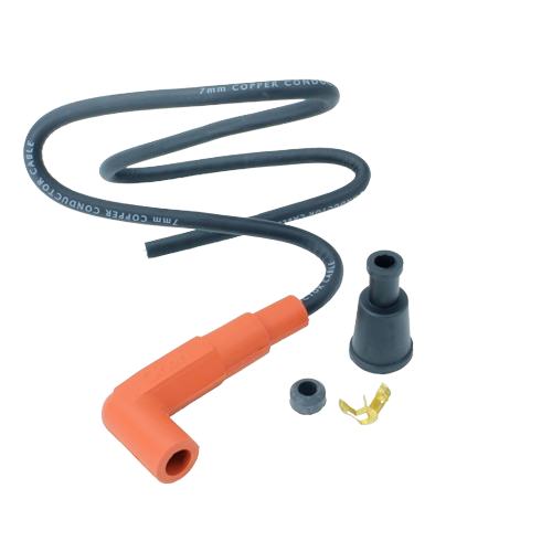 Black spark plug cable with orange boot, copper core wiring, and small rubber and metal connectors for tools and home improvement tasks