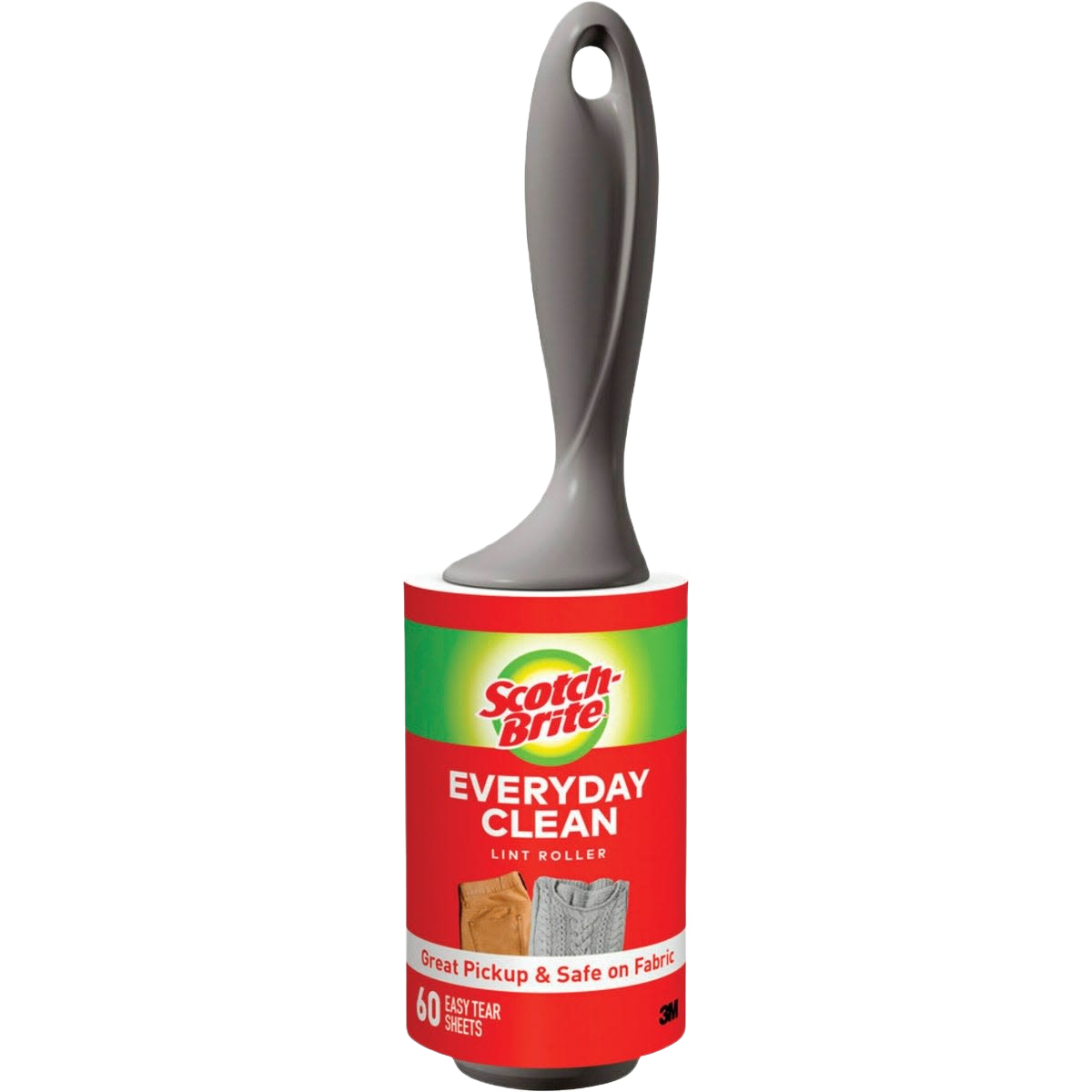 Lint roller with gray handle and 60 tear sheets, designed for fabric cleaning and removal of pet hair and lint