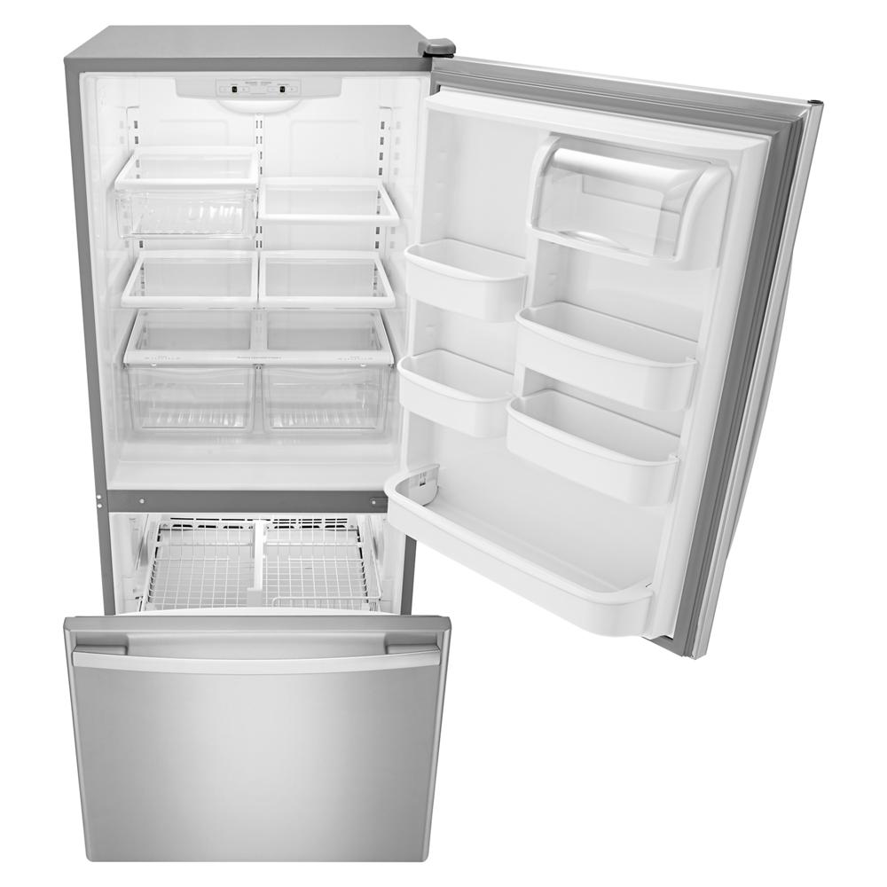 Open bottom-freezer refrigerator with EasyFreezer™ drawer and spacious interior shelving in modern kitchen appliance style