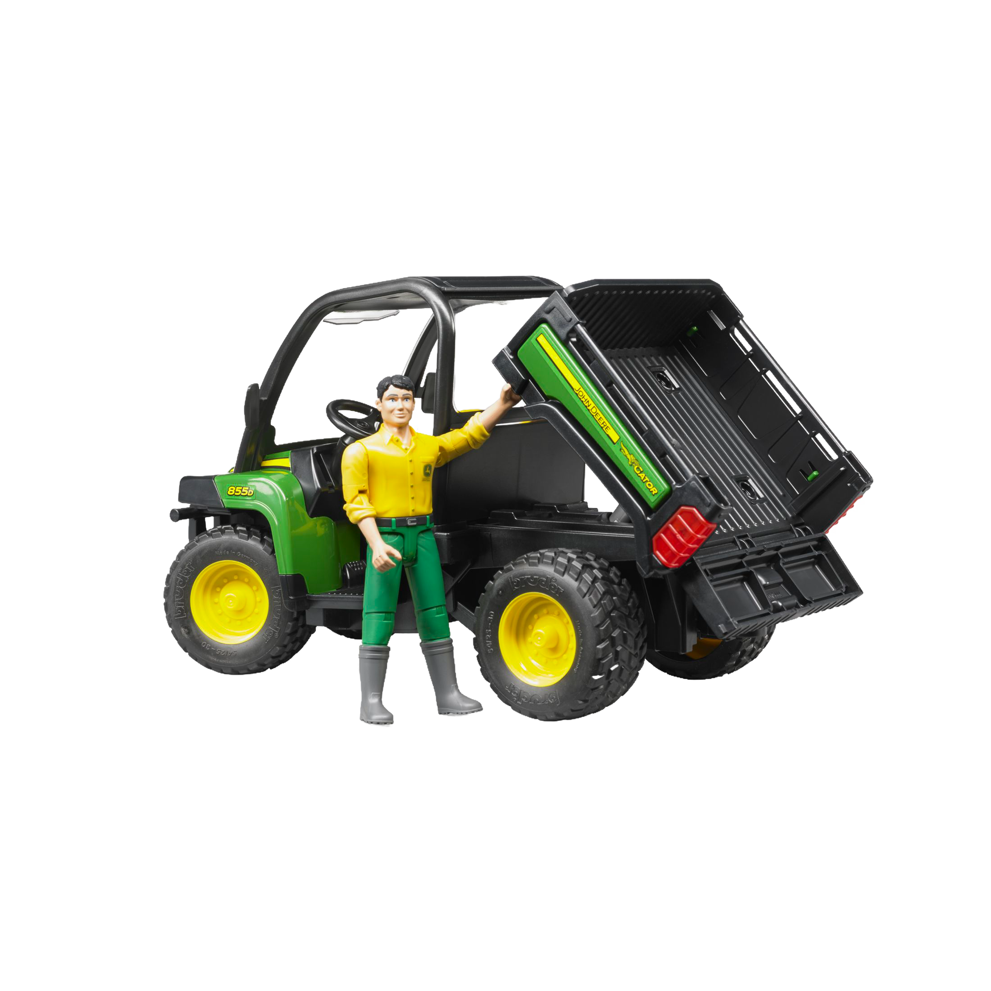 Green and yellow John Deere toy utility vehicle with driver figure, part of Bruder Toys and Vehicles collections under $100
