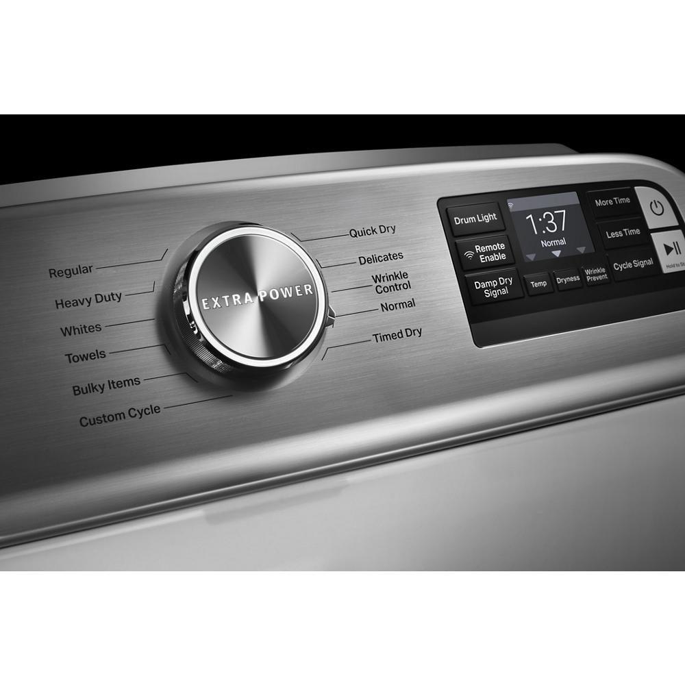 Close-up of stainless steel dryer control panel with extra power dial and digital display in Dryers collection