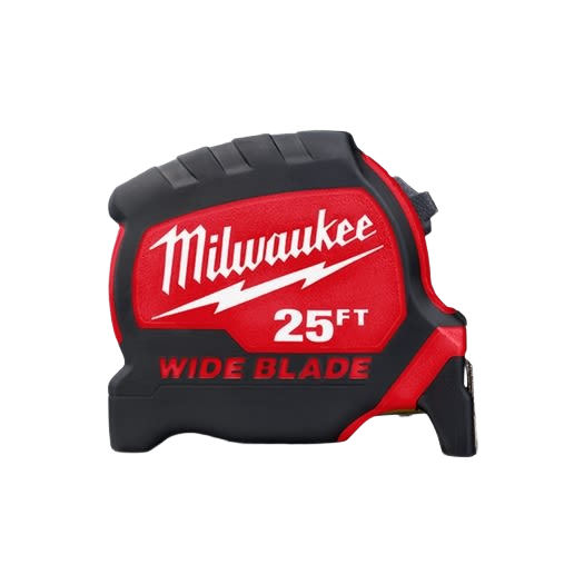 Red and black Milwaukee tape measure with 25-foot wide blade for precise measuring in home improvement tasks