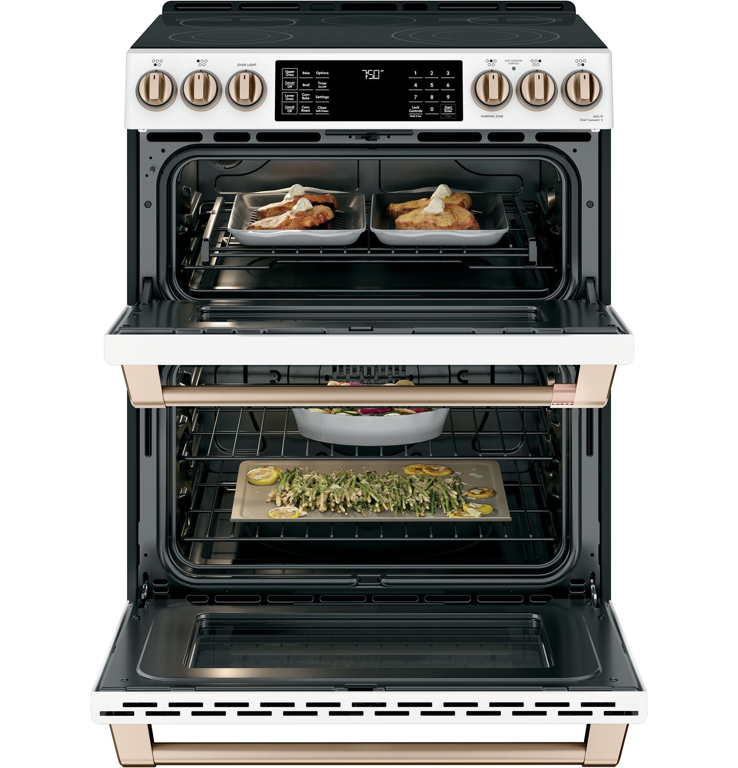 Radiant double-oven range with slide-in design, front controls, bronze accents, and food baking inside from appliances collection
