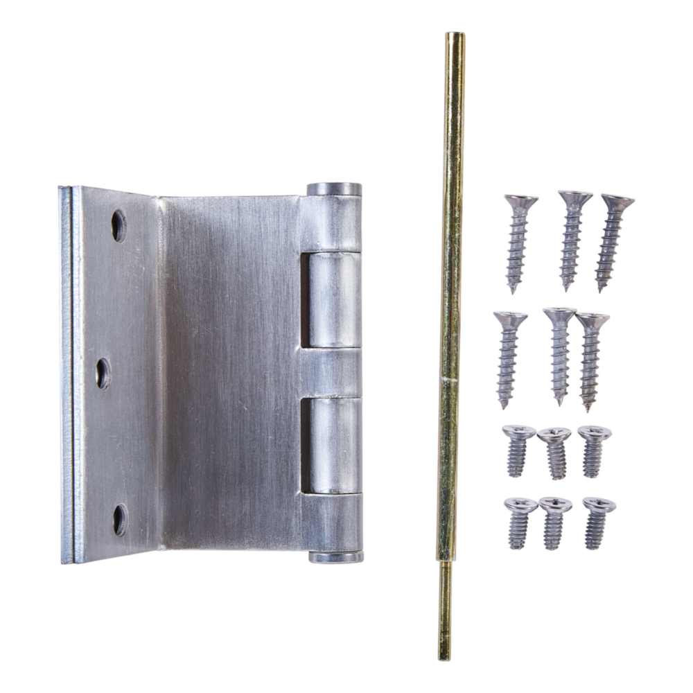 Satin chrome swing clear hinge with mounting screws and pin for durable door hardware and home improvement projects under $50