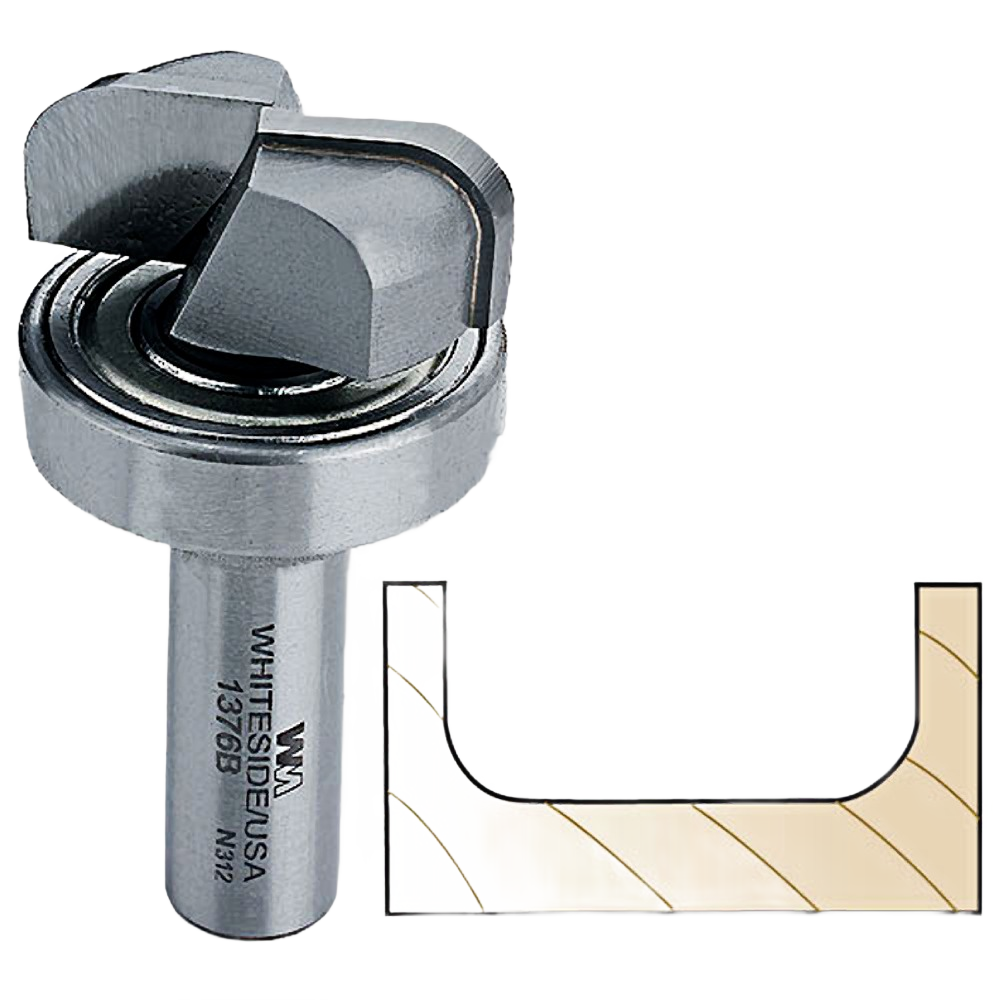 Router bit with bearing for shaping shallow wooden bowls and trays, part of power tool accessories for home improvement projects