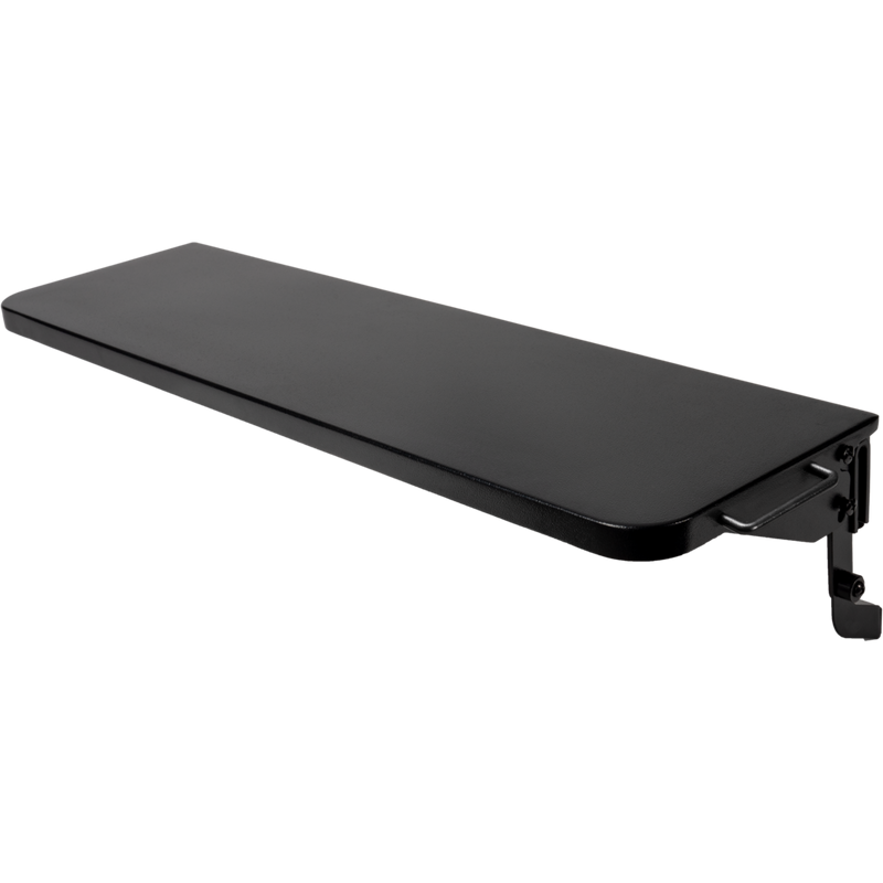 Black folding front shelf designed to expand grilling workspace for outdoor cooking and lawn and garden use