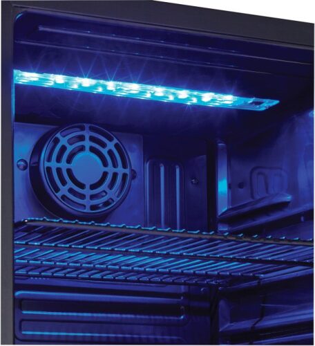 interior of a beverage center with blue LED lighting and metal wire shelving in kitchen appliances collection