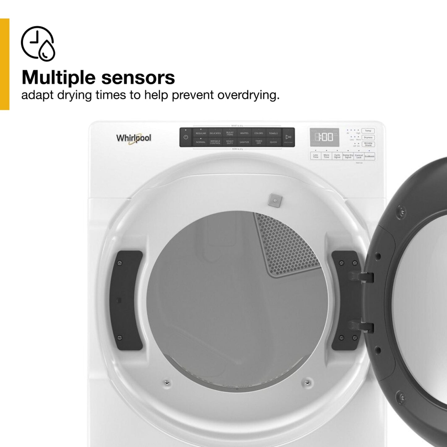 White front load electric dryer with open door showing moisture sensor feature for home improvement and appliances collections