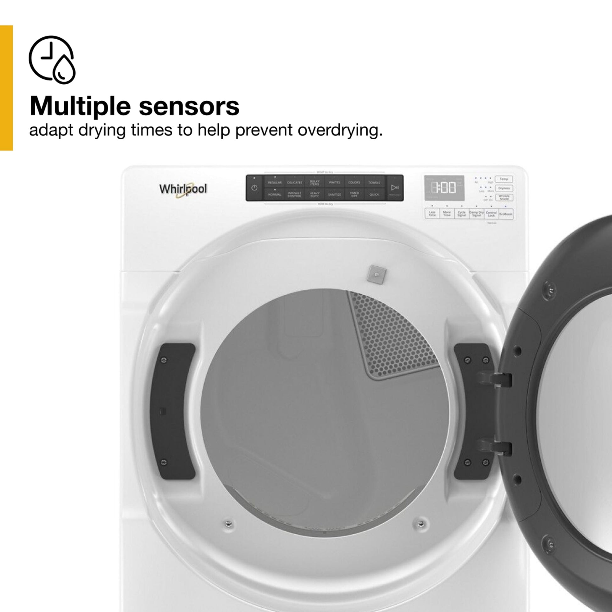White front load electric dryer with open door showing moisture sensor feature for home improvement and appliances collections