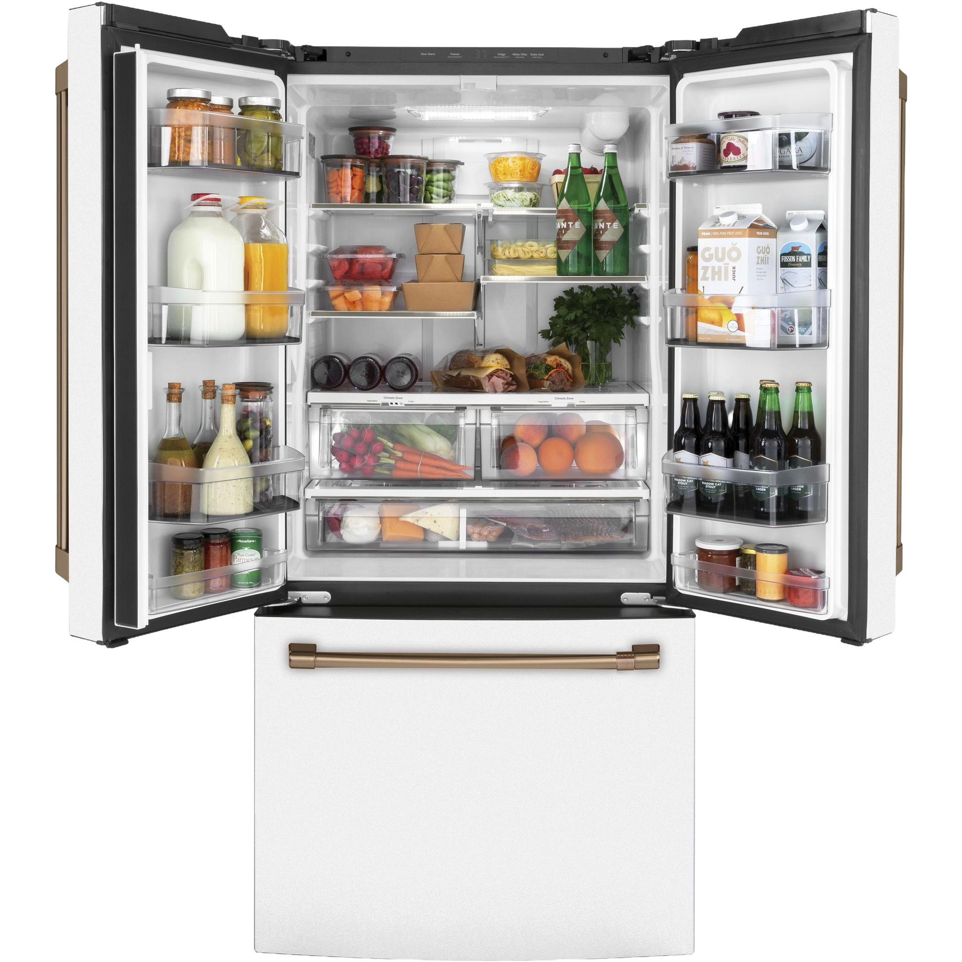 Counter-depth French door refrigerator in white with open doors showing organized fresh food and beverages inside