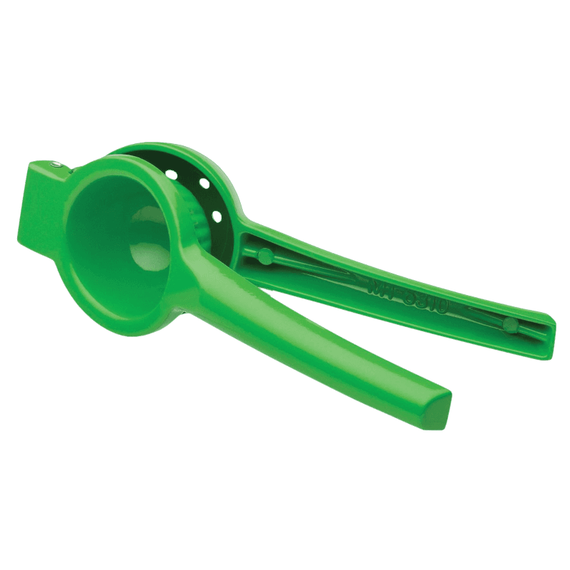 Green manual lime squeezer with built-in strainer for efficient juice extraction in kitchen utensils collection