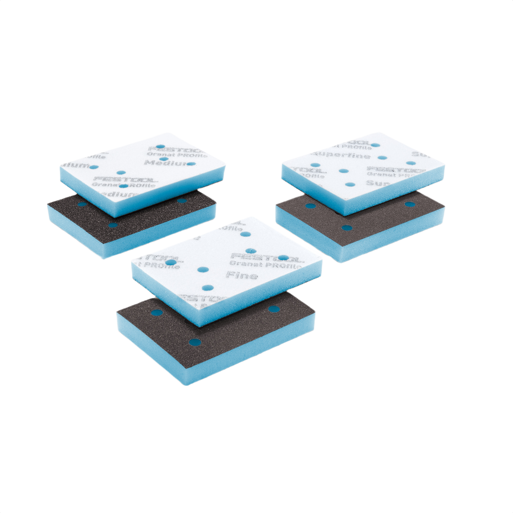 Three blue and black foam sanding pads with perforations for detailed surface preparation in power tool accessories collection