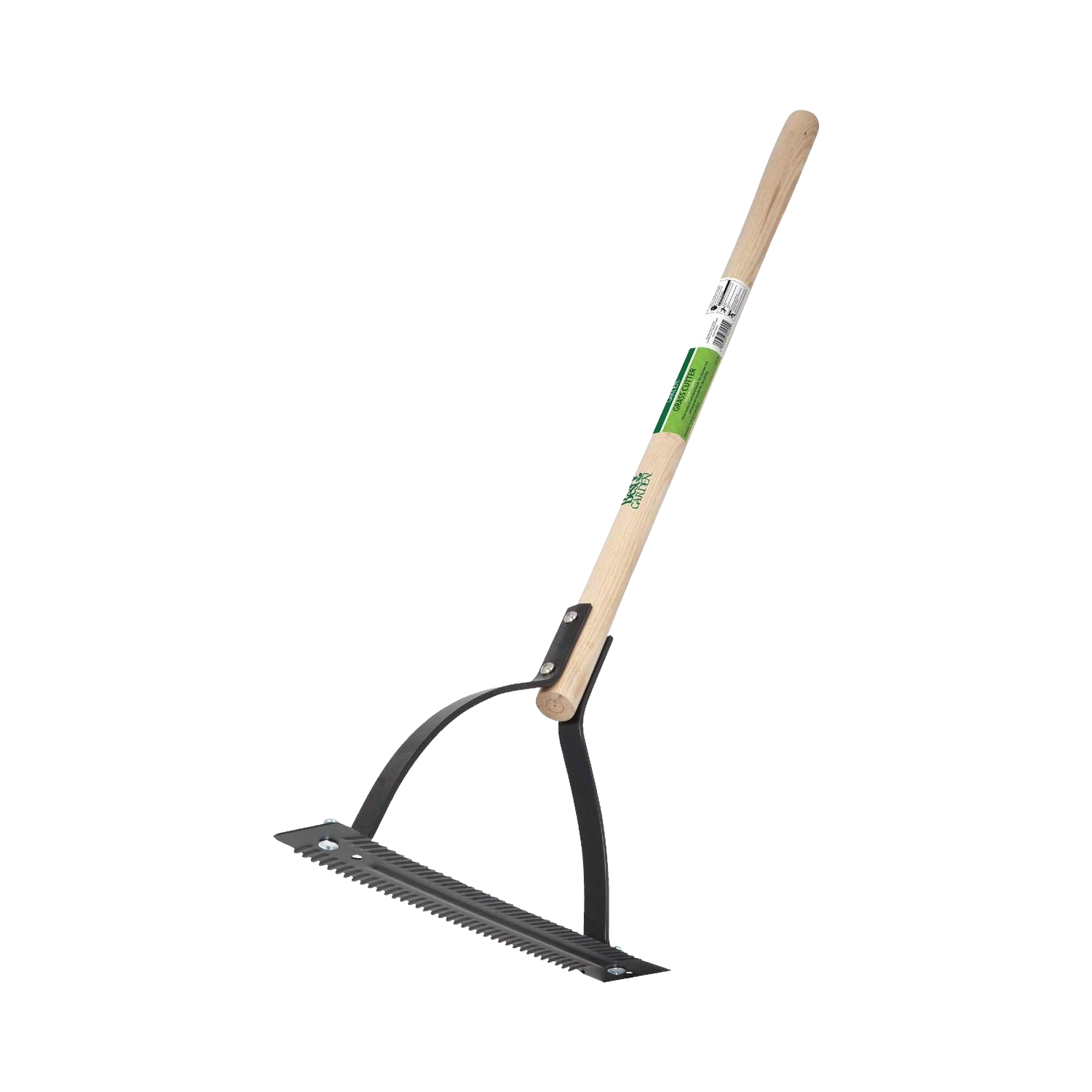 Wood-handled garden grass and weed cutter with serrated steel blade, for outdoor gardening and hand tool use