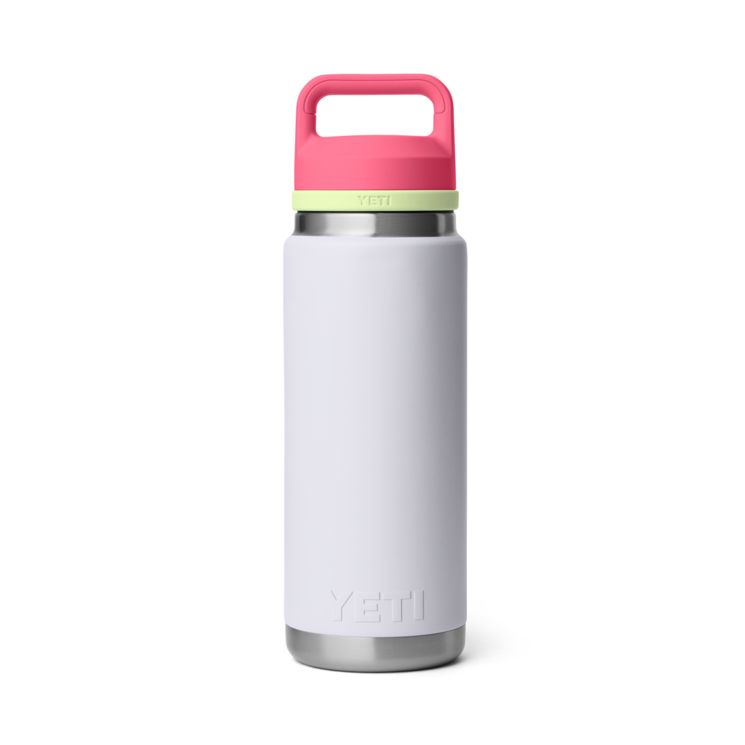 White insulated stainless steel bottle with pink chug cap and lime green collar in drinkware and kitchenware collections