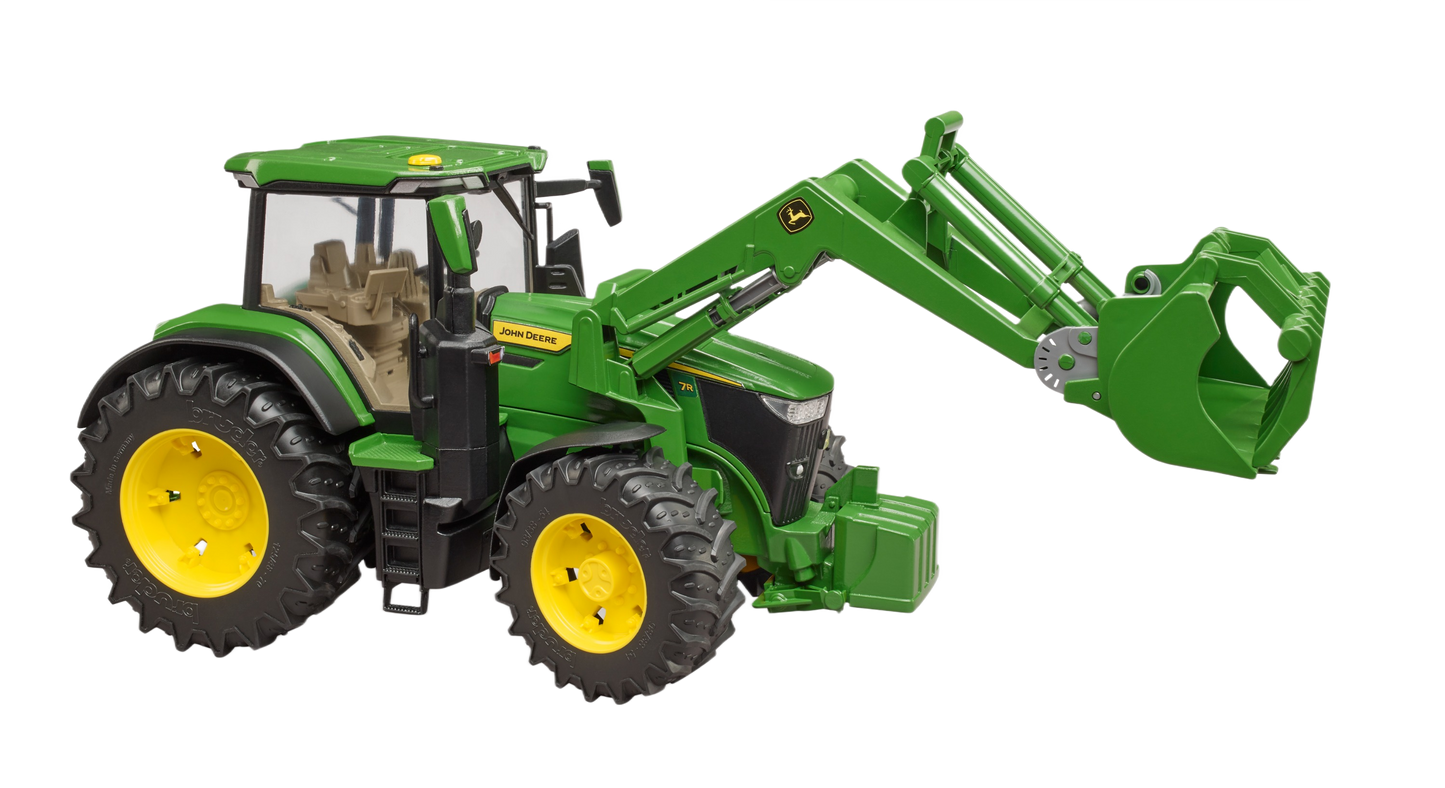 Green Bruder John Deere toy tractor with front loader for tools and home improvement play activities