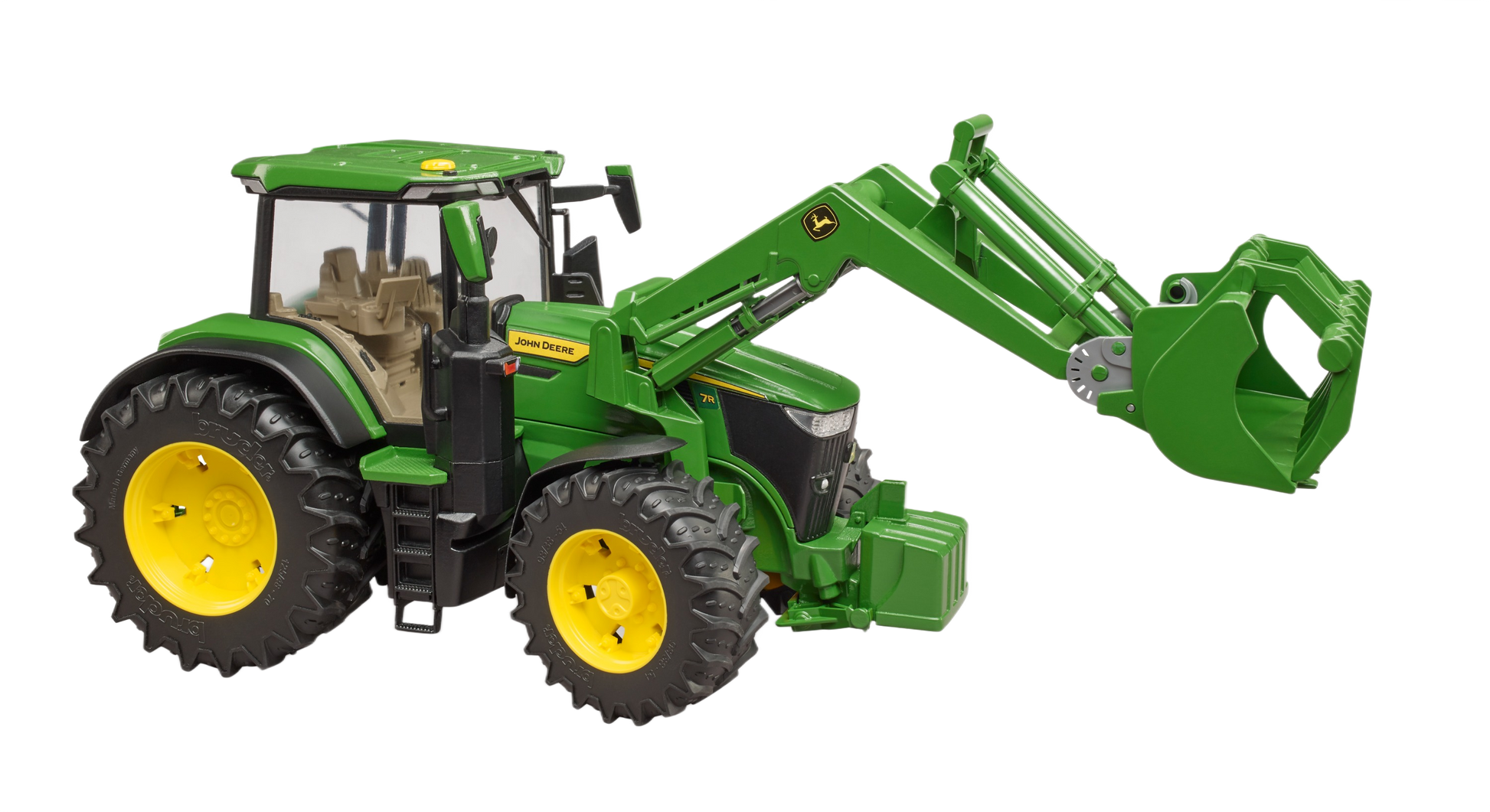 Green Bruder John Deere toy tractor with front loader for tools and home improvement play activities