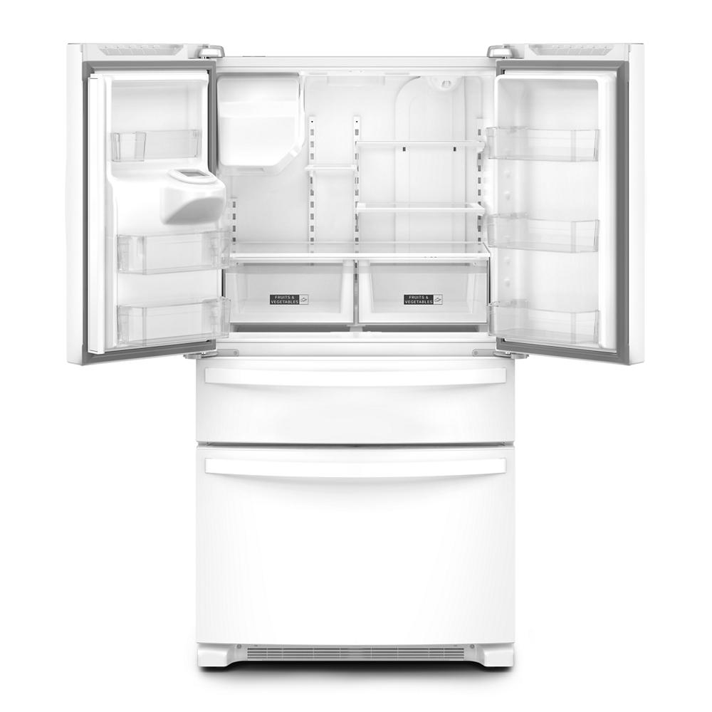 White French door refrigerator with bottom freezer and adjustable shelves in kitchen appliances collection