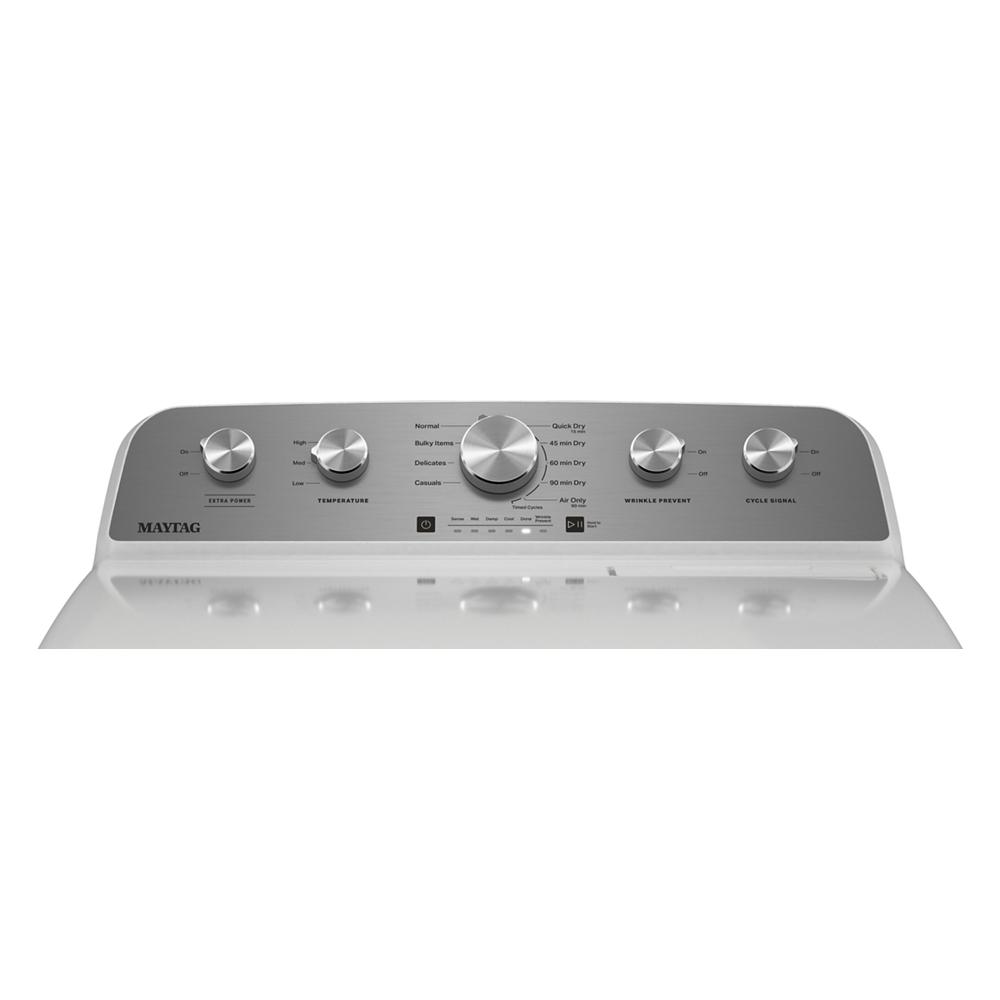 Silver control panel with five knobs and digital display on a top load gas dryer from dryers and appliances collection