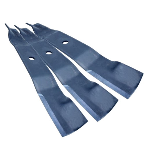 Set of three heavy-duty high lift mower blades with sharp cutting edges for efficient grass trimming and lawn maintenance