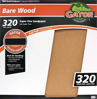 Gator 320-grit extra fine sandpaper sheet in bulk packaging for woodworking and fine furniture sanding tasks.
