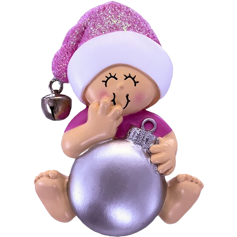 Smiling baby figurine in pink hat holding silver bulb ornament from Christmas Ornaments & Tree Decorations collection