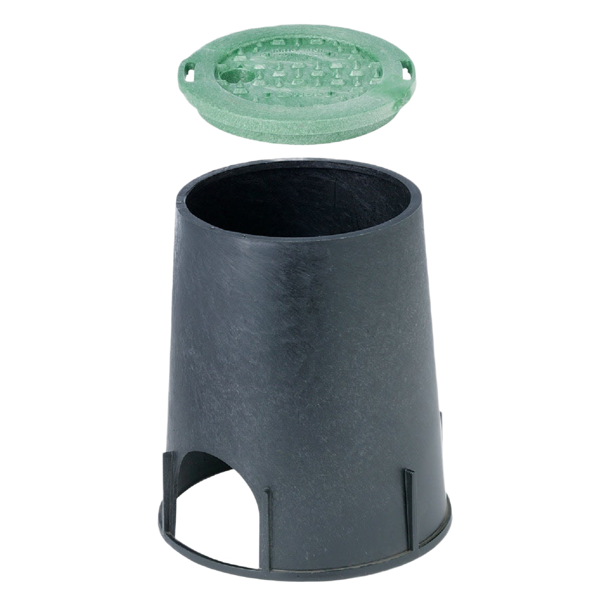 Round black valve box with green snap-in cover for plumbing parts and drain repair applications under $50