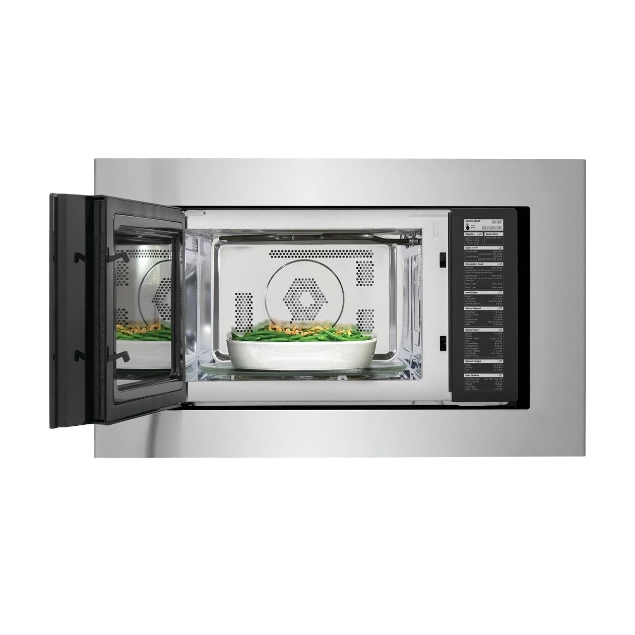 Open stainless steel microwave with black trim and a dish of food inside, shown in kitchen appliance setting