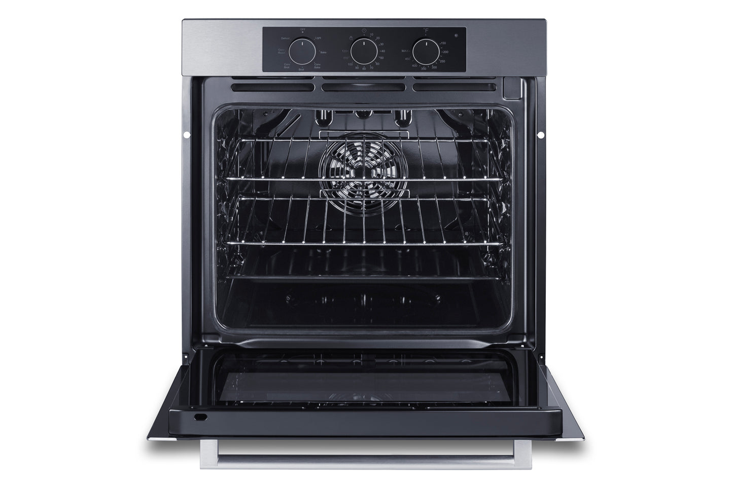 Open black electric wall oven with convection fan and multiple wire racks from the wall ovens collection