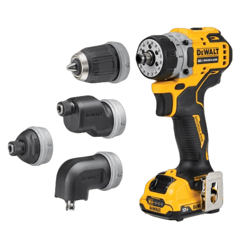 Yellow and black 12V brushless cordless drill driver with five interchangeable heads for versatile home improvement tasks