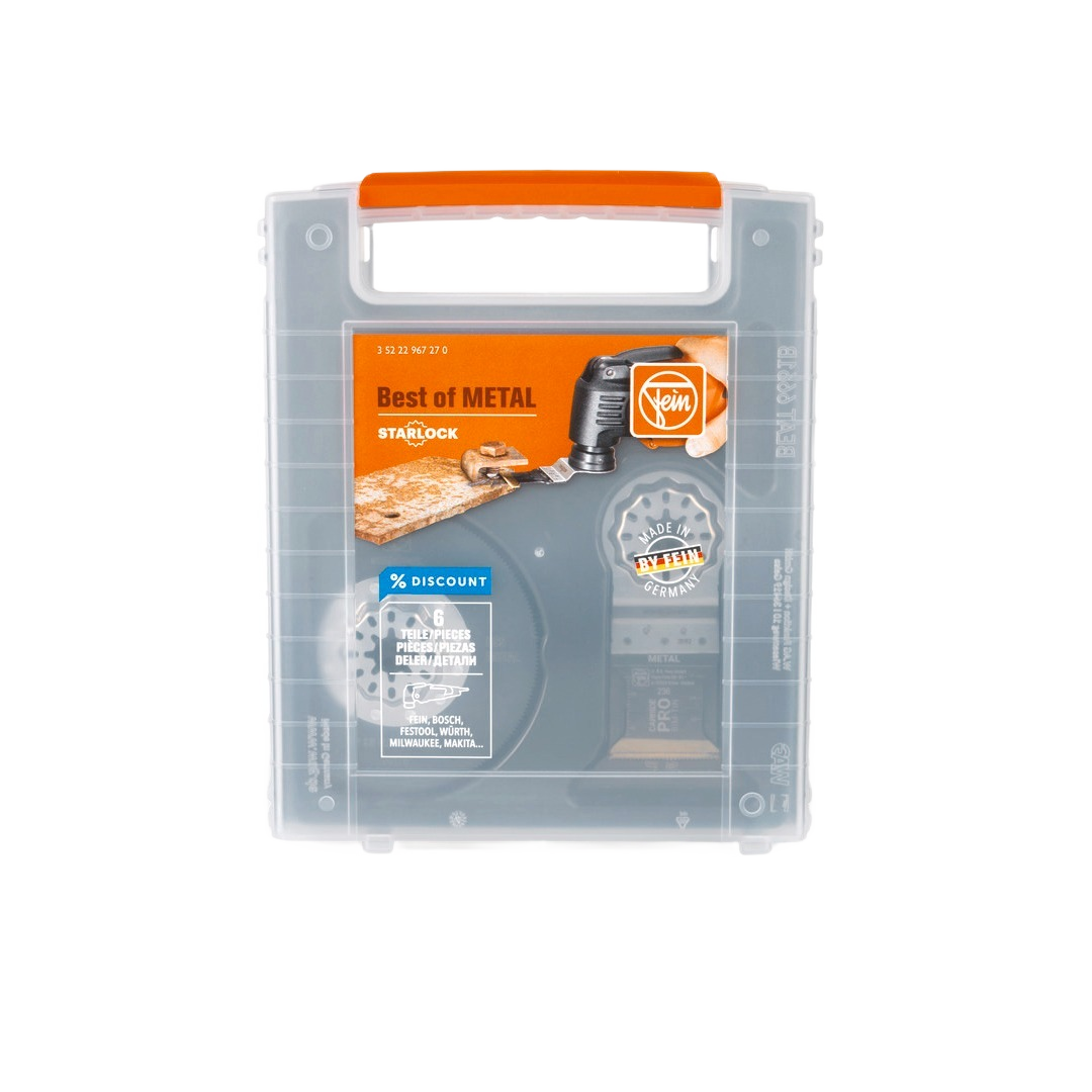 Clear plastic case with orange handle containing six metal cutting saw blades for power tool accessories under 100 dollars collections