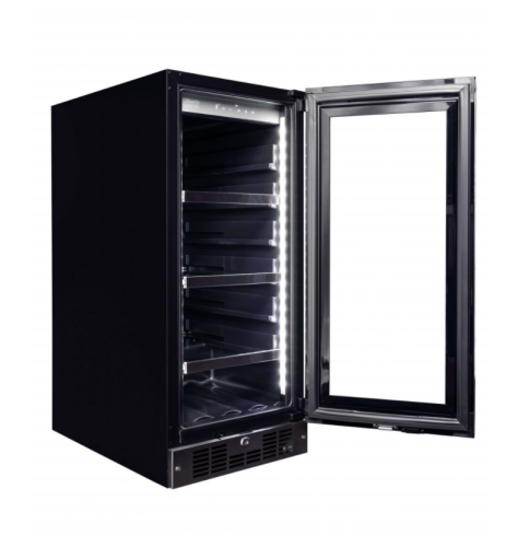 Built-in beverage center with clear glass door, interior LED lighting, and multiple adjustable shelves in Appliances collection