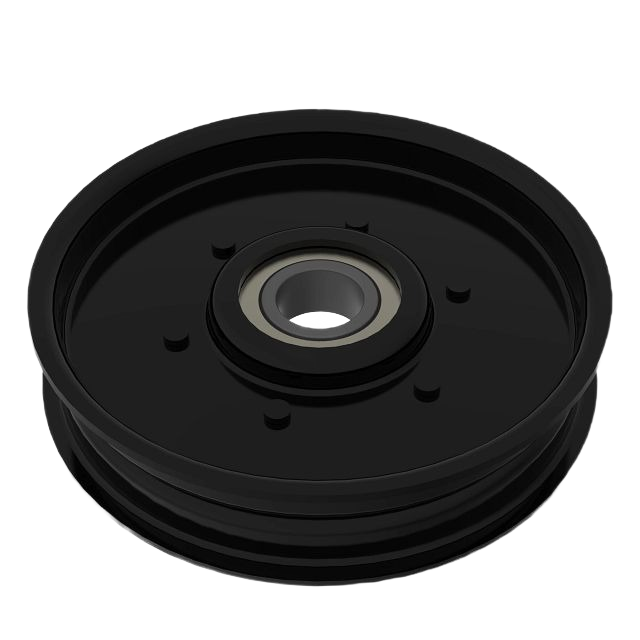 Black flat mower deck idler pulley with integrated bearing for durable lawn and garden equipment maintenance tasks