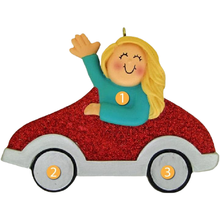 Blonde female figure waving from red glittery car ornament for Christmas Ornaments & Tree Decorations under $50 collection