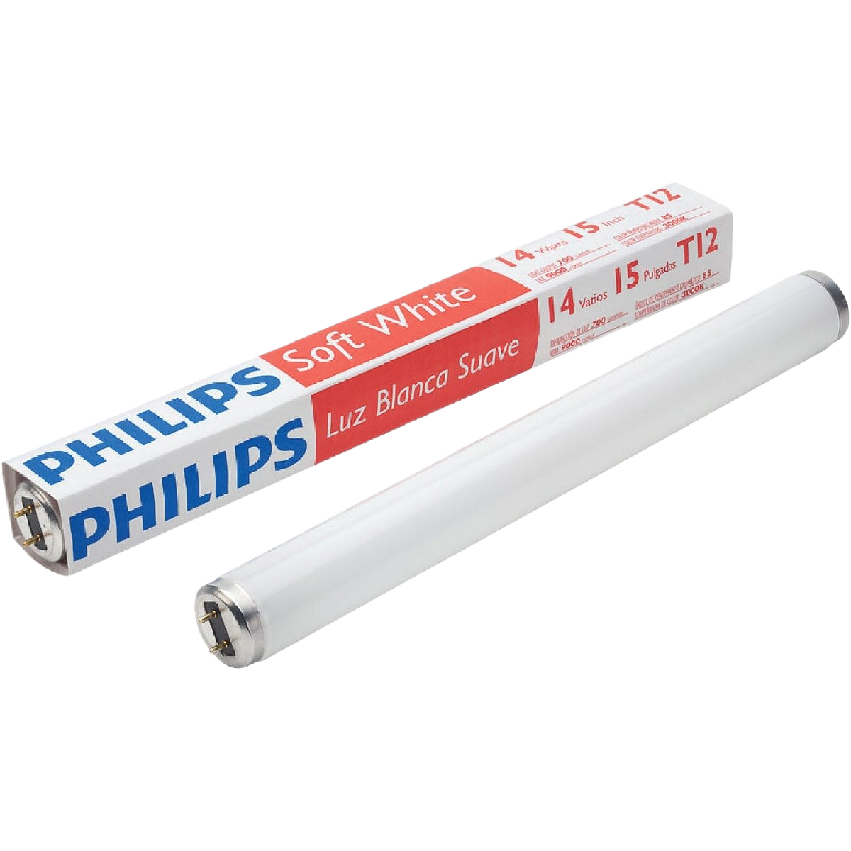 White T12 bi-pin fluorescent tube light bulb with packaging for home improvement and lighting tools