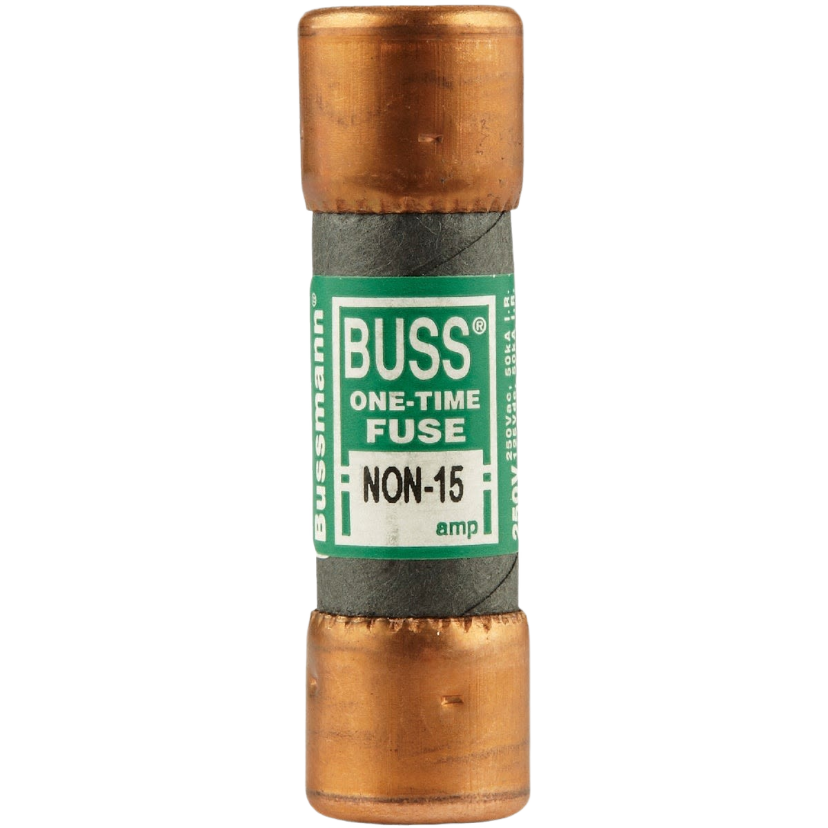 Cylindrical non-cartridge 15-amp fuse with copper end caps and labeled green wrap for home improvement use