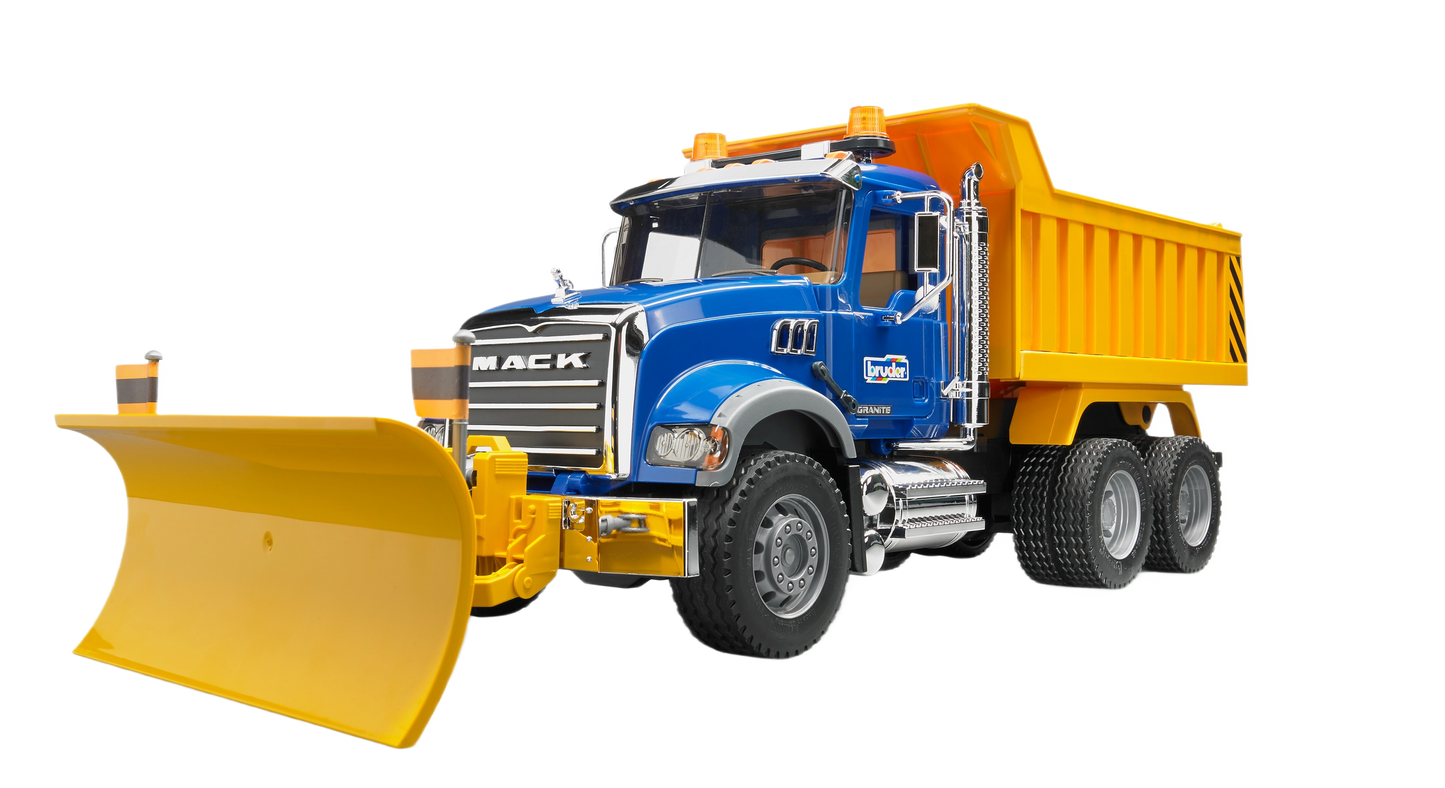 Blue and yellow Bruder Toys 1:16 scale Mack Granite dump truck with front plow for tools and home improvement play