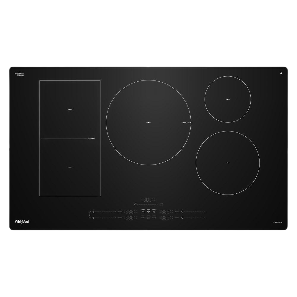 Black 36-inch induction cooktop with five cooking zones and integrated touch controls in kitchen appliances collection