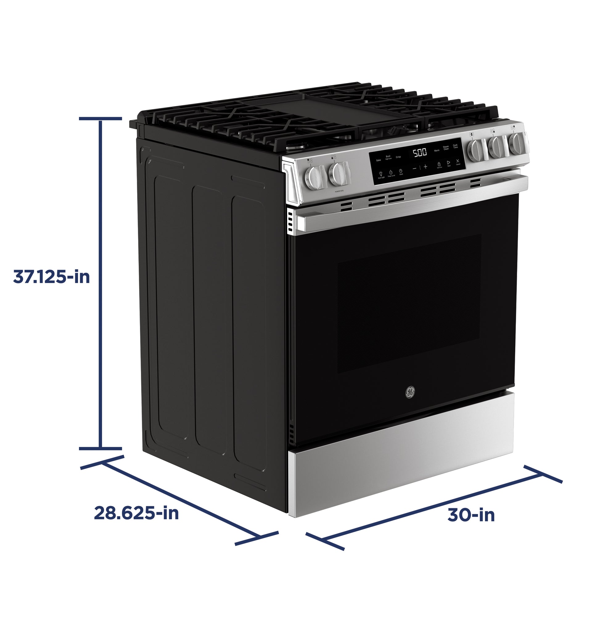Modern slide-in gas range with front controls, digital display, and stainless steel finish in kitchen appliance setting
