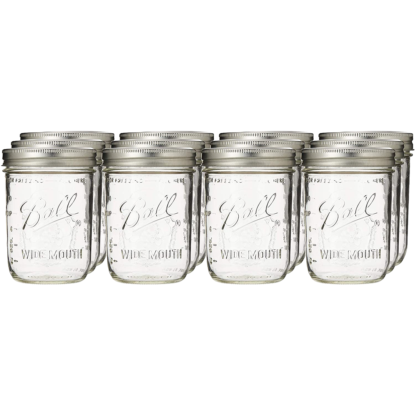 Set of twelve clear pint wide mouth canning jars with silver lids for kitchenware and home storage under $50