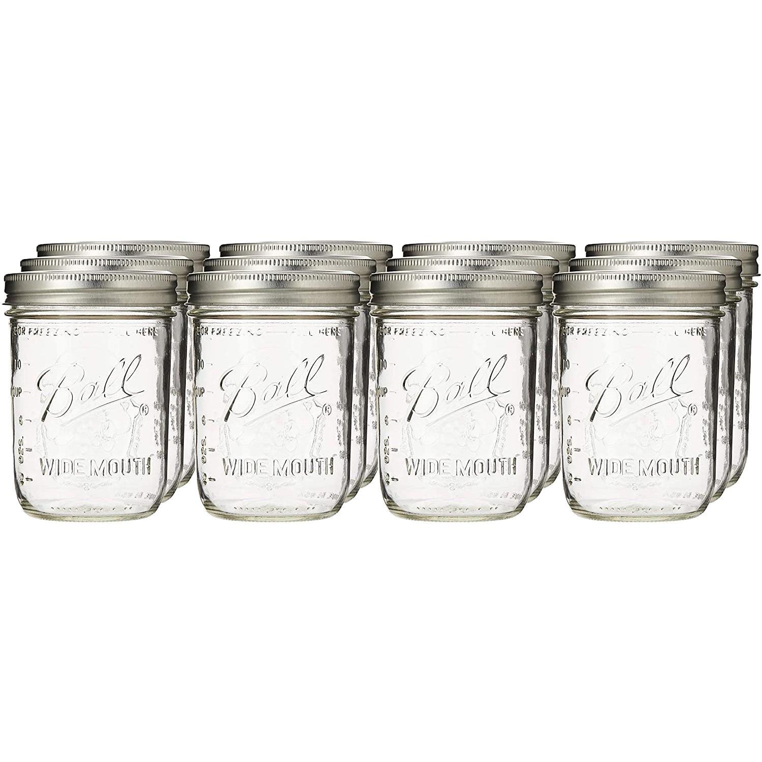 Set of twelve clear pint wide mouth canning jars with silver lids for kitchenware and home storage under $50