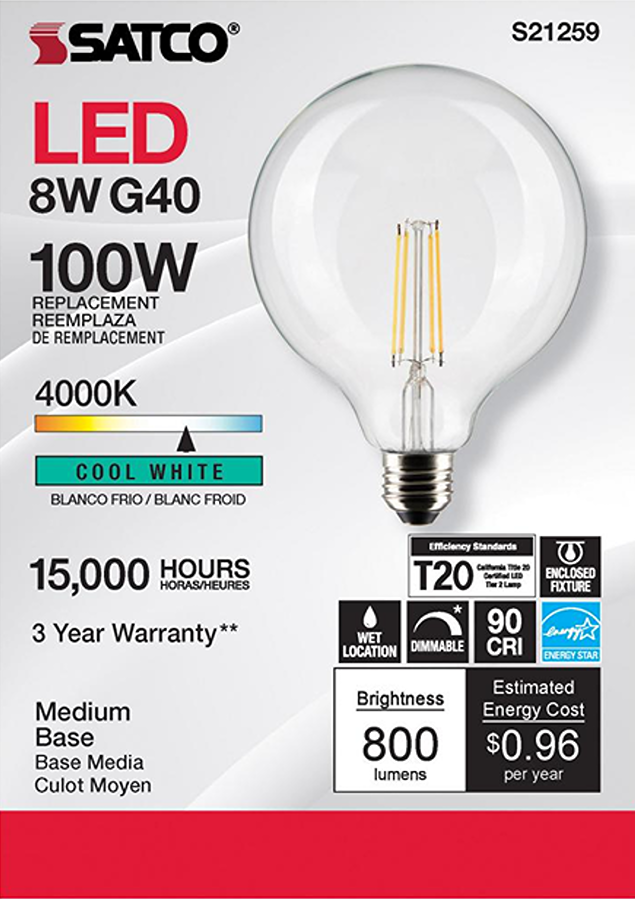 Clear globe LED bulb with medium base and cool white filaments for energy-efficient lighting and home improvement collections