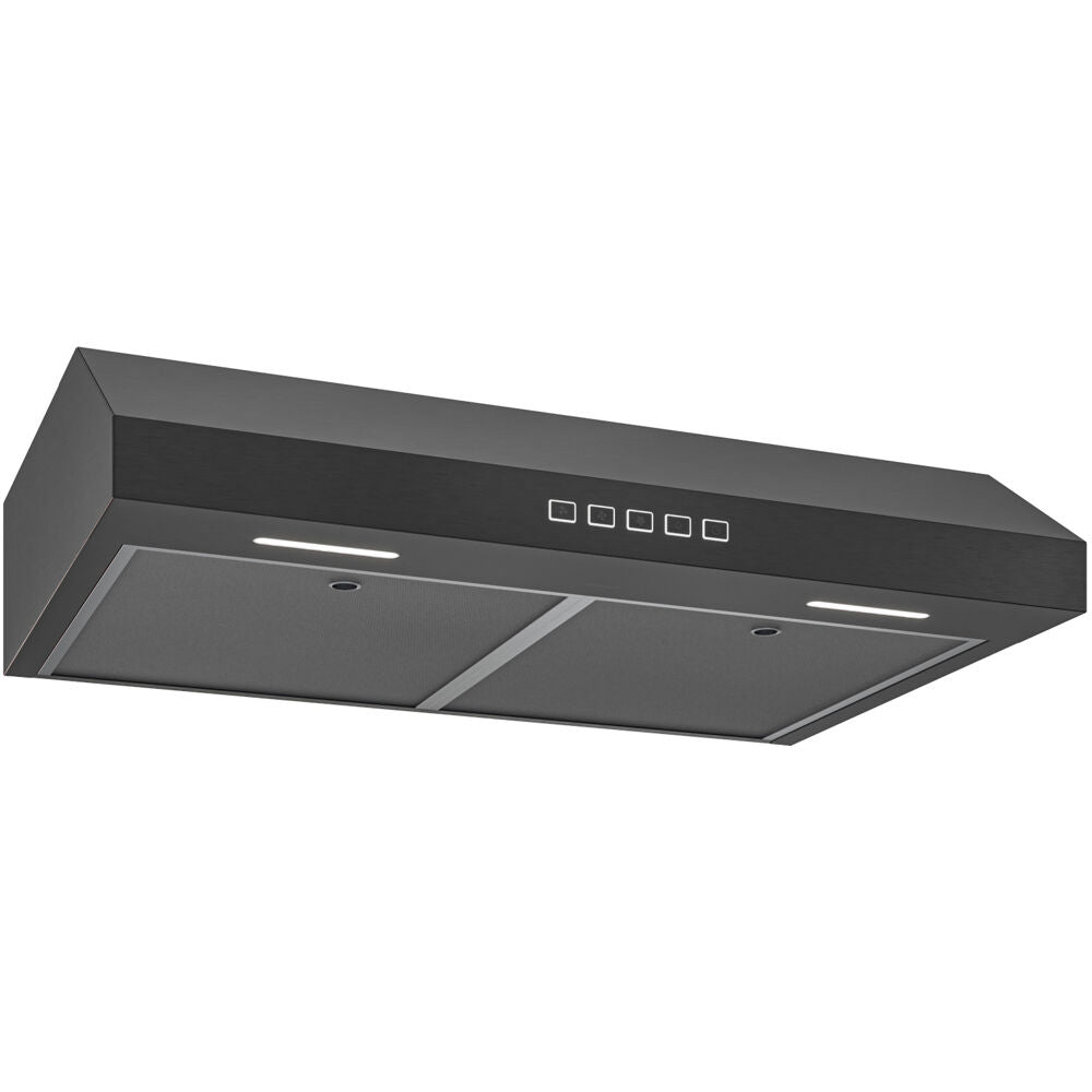 Sleek black under cabinet range hood with dual filters and LED lights for kitchen ventilation in home improvement collections