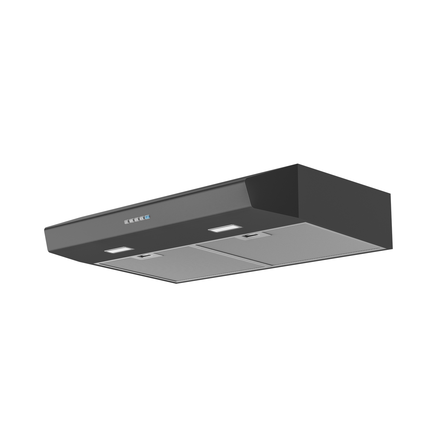 Matte black under cabinet range hood with dual-level LED lights and dishwasher-safe aluminum filters in kitchen appliances collection